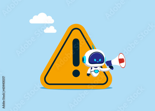 Cyborg with artificial intelligence uses loudspeaker with exclamation attention sign. Important news, danger situation. Flat modern vector illustration