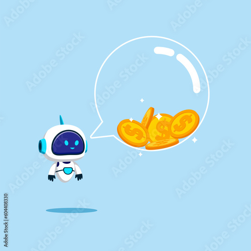 Cyborg with artificial intelligence. Money talks, a speech bubble filled with metal dollar coins. Flat vector illustration