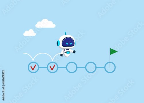 Cyborg with artificial intelligence running. Business planner and successful execution of business tasks. Flat modern vector illustration.