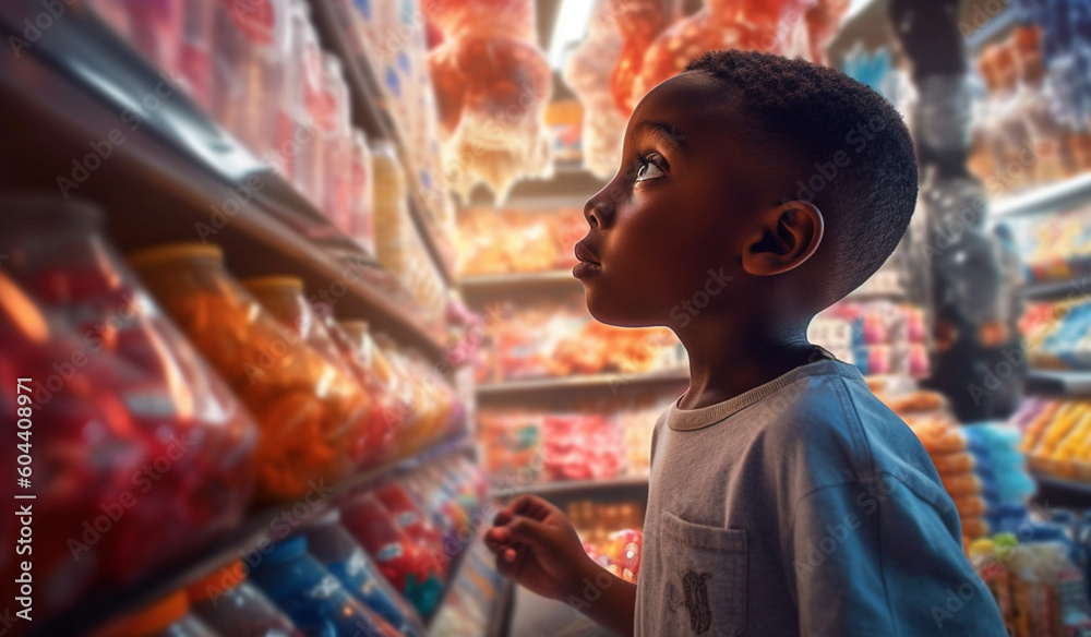Cute African American boy in candy store. Child chooses sweets, variety and abundance. Generative AI