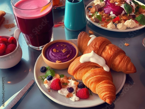 Appetizing breakfast with croissant, berry juice and dessert