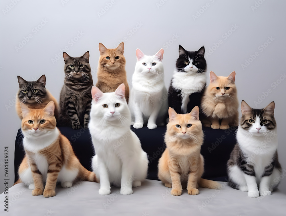 Different types and sizes of cats group. AI generated. Stock