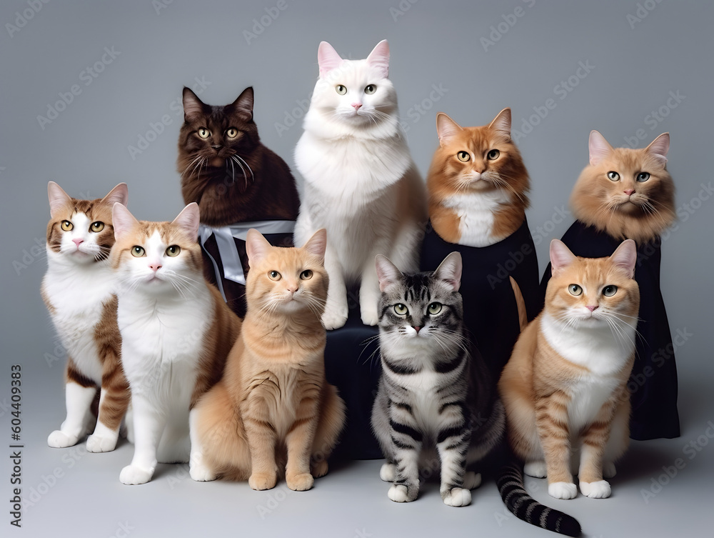 Different types and sizes of cats group. AI generated. Stock