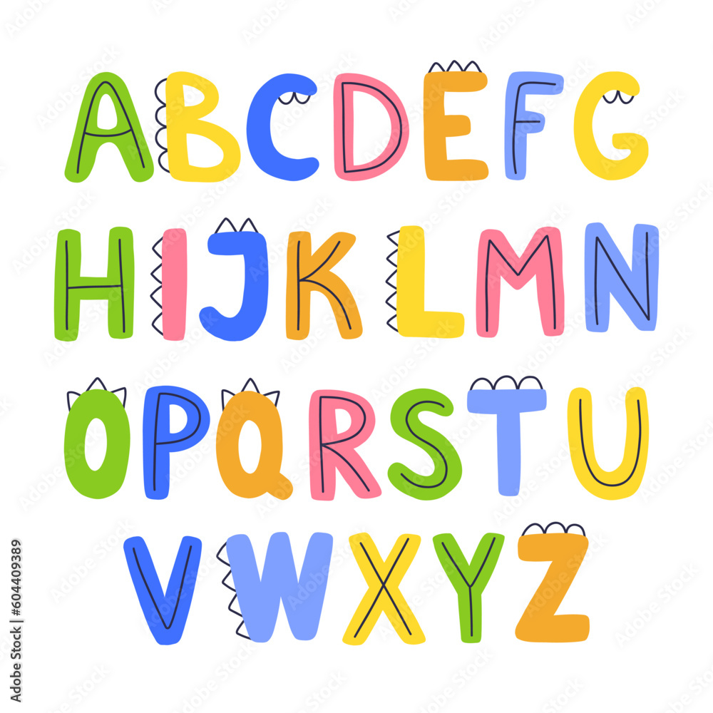 Cute children's English alphabet design. Funny colorful dino letters. Abc collection.