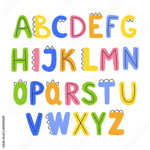 Cute children s English alphabet design. Funny colorful dino letters. Abc collection.