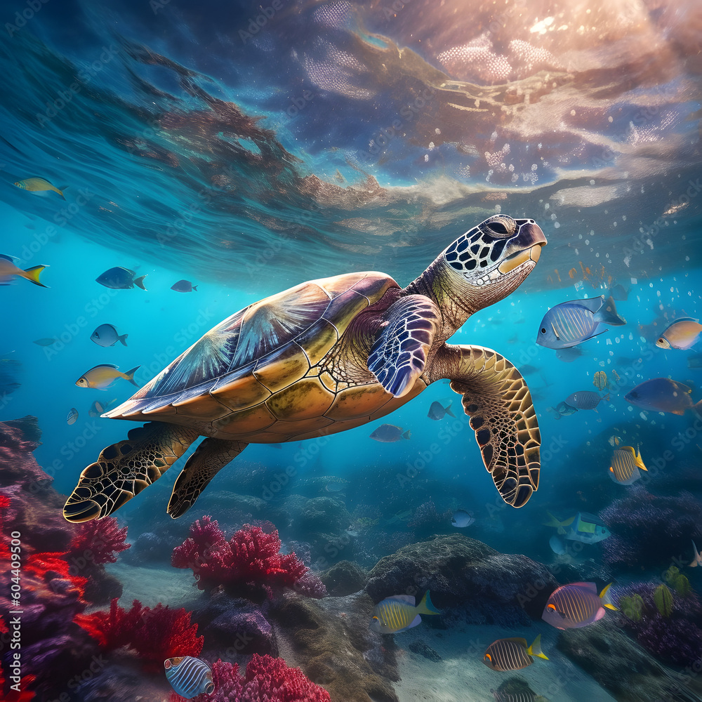 Obraz premium Sea turtle or marine turtle swimming in ocean. AI generated