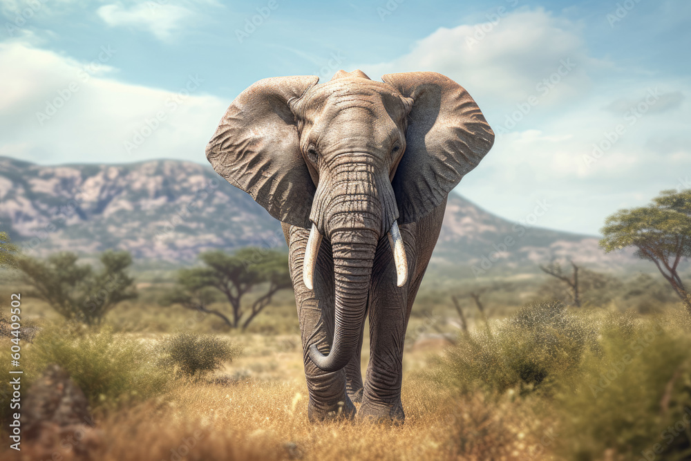 In the vast savanna, a majestic elephant stands tall in its natural habitat. The powerful creature exudes strength and grace Generative Ai, Ai.