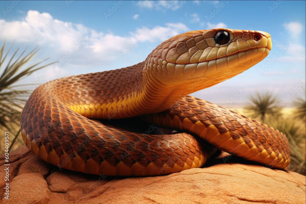 Fototapeta premium A close-up view of an inland taipan, one of the world's most venomous snakes, showcasing its vibrant scales and intense gaze. Generative Ai, Ai.