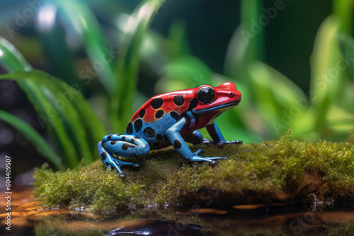 In a vibrant display of nature's diversity, an exotic frog captivates with its colorful appearance and a touch of danger. Generative Ai, Ai.