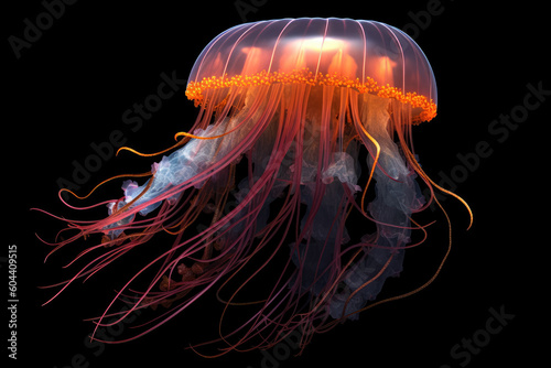 A mesmerizing sight unfolds as a vibrant, colorful jellyfish gracefully floats in its natural habitat. Generative Ai, Ai.