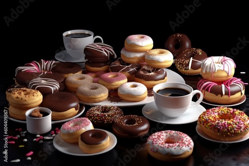 Photo realistic lot of mix doughnut more topping sweet Food Photography