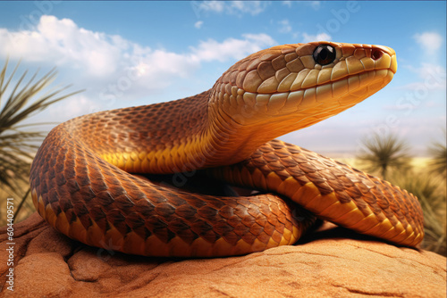A close-up view of an inland taipan, one of the world's most venomous snakes, showcasing its vibrant scales and intense gaze. Generative Ai, Ai.