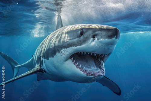 A magnificent great white shark  an apex predator of the ocean  showcasing the enigmatic beauty of marine life and the importance of wildlife conservation.  Generative Ai  Ai.
