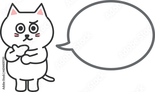 White cartoon cat commenting something with a speech bubble, vector illustration.