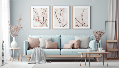 Modern spring Scandinavian living room interior  Wooden picture frame  poster mockup. Sofa with linen pale blue striped cushions  Cherry plum blossoms in a vase  Elegant stylish minimal home decor 