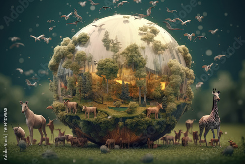 A spherical globe-shaped artwork featuring animals, representing the animal kingdom on Earth. The vibrant colors and intricate details showcase the diversity and beauty of wildlife. Generative Ai, Ai.