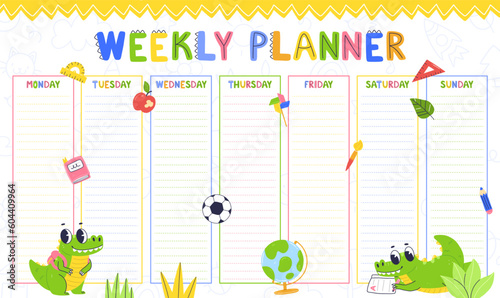 Design of the children's weekly planner template. Ready-made schedule design for the week with a cartoon character crocodile.
