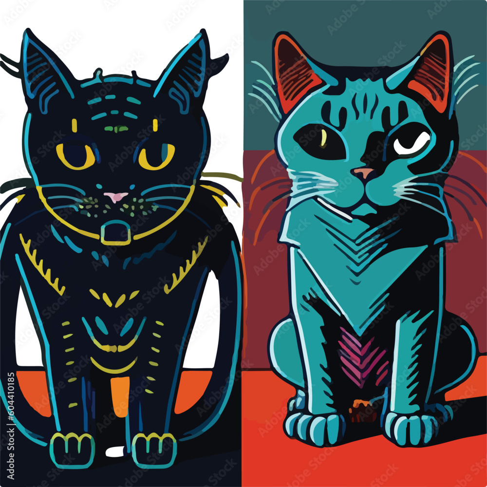 Explore the fusion of feline charm and pop culture by illustrating a cat in a flat pop art style, incorporating iconic symbols or references from popular culture in the artwork