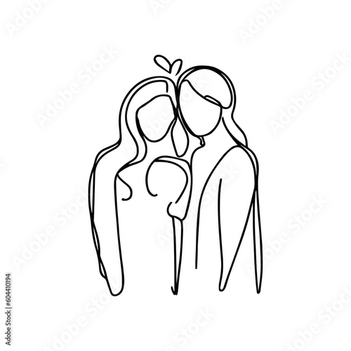 One line vector illustration. Lgbt lesbian couple.