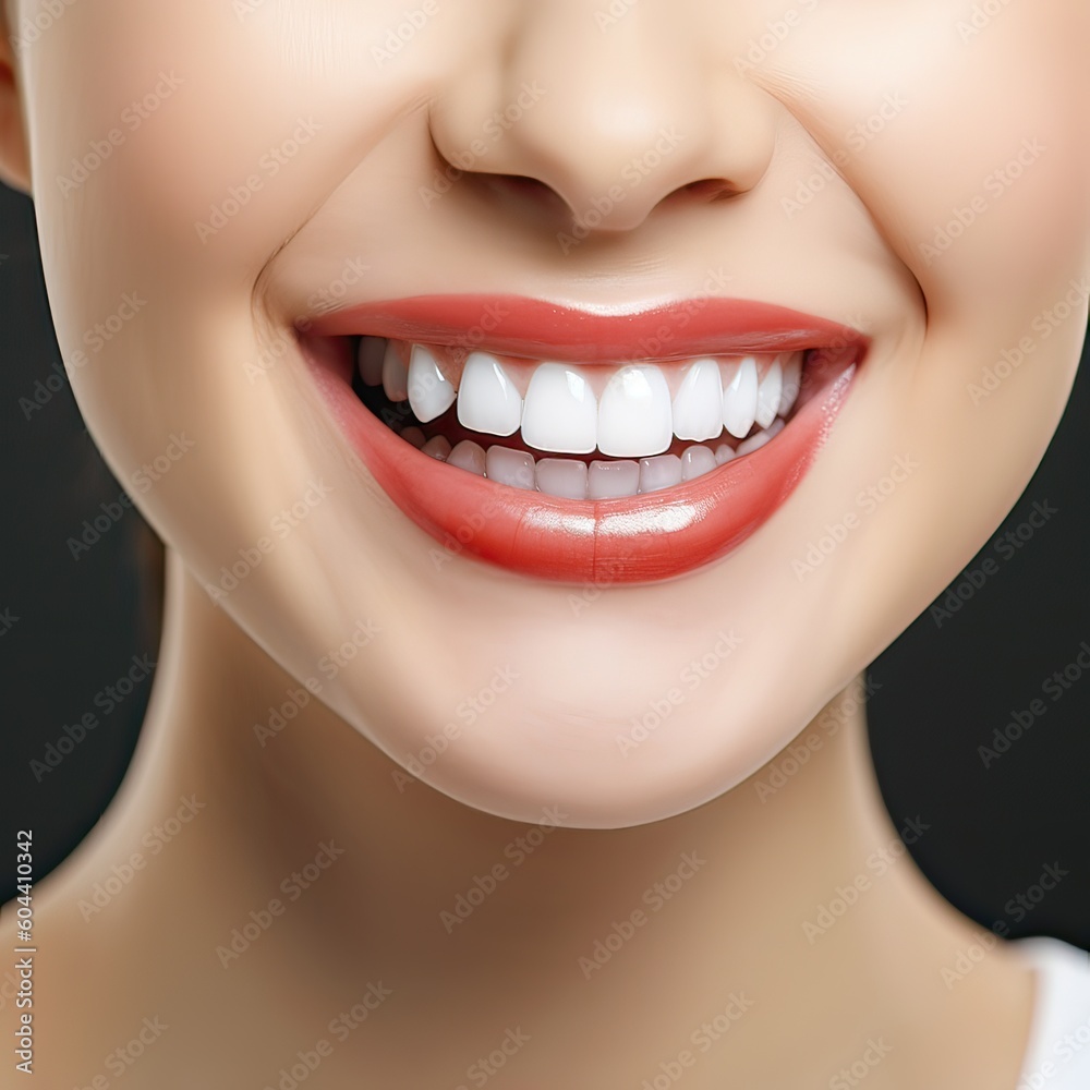 Close up cropped half face portrait of attractive, nude, natural, perfect, ideal girl with healthy white teeth isolated on beige background, perfection, wellness, wellbeing. Generative Ai. Close up cropped half face portrait of attractive, nude, natural, perfect, ideal girl with healthy white teeth isolated on beige background, perfection, wellness, wellbeing. Generative Ai.