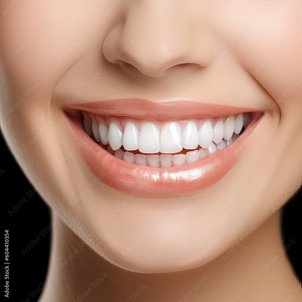 Close up cropped half face portrait of attractive, nude, natural, perfect, ideal girl with healthy white teeth isolated on beige background, perfection, wellness, wellbeing. Generative Ai. Close up cropped half face portrait of attractive, nude, natural, perfect, ideal girl with healthy white teeth isolated on beige background, perfection, wellness, wellbeing. Generative Ai.