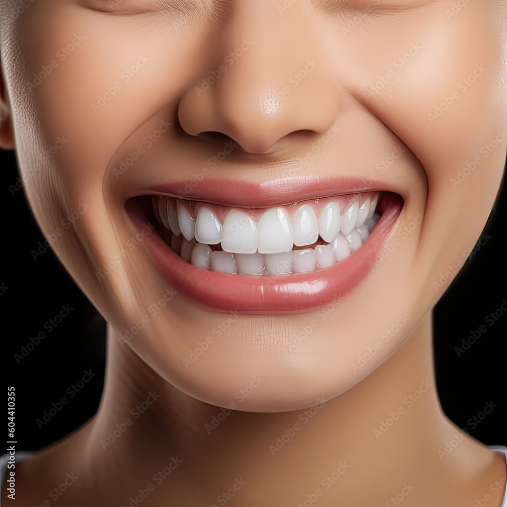 Fototapeta premium Close up cropped half face portrait of attractive, nude, natural, perfect, ideal girl with healthy white teeth isolated on beige background, perfection, wellness, wellbeing. Generative Ai.