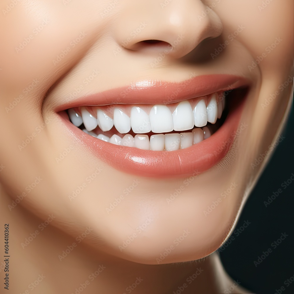 Close up cropped half face portrait of attractive, nude, natural, perfect, ideal girl with healthy white teeth isolated on beige background, perfection, wellness, wellbeing. Generative Ai.