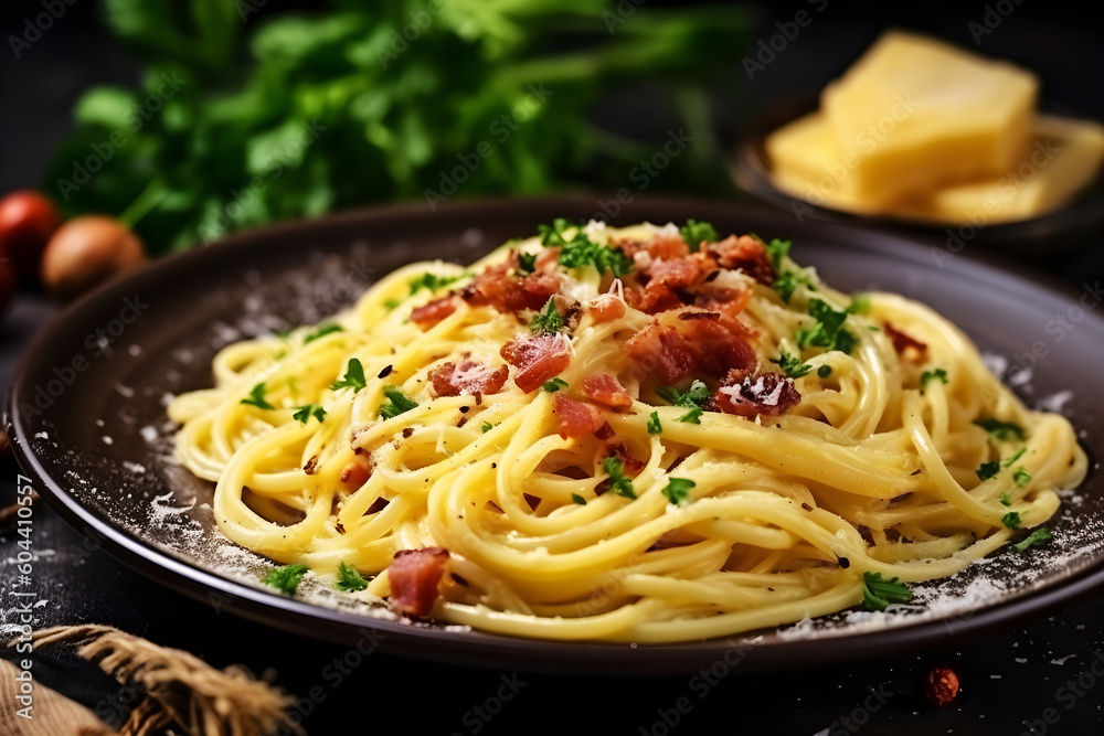 Delicious Italian dish, pasta carbonara served on a plate. Created with generative AI technology