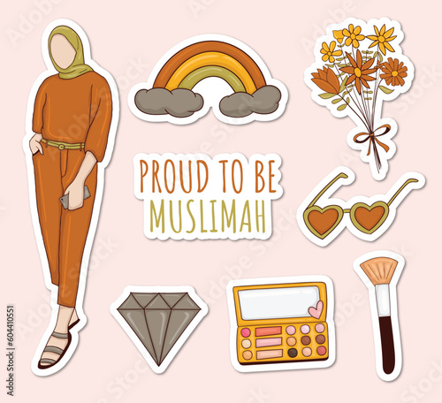 Colorful Hand drawn muslim girl stickers collection