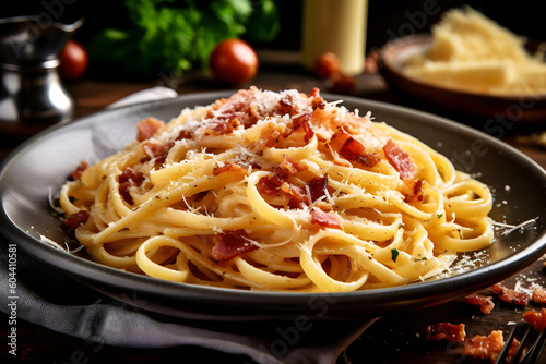 Delicious Italian dish, pasta carbonara served on a plate. Created with generative AI technology