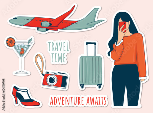 Colorful Hand drawn travel theme stickers collection