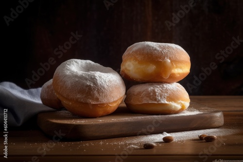Photo realistic bomboloni italian doughnuts more topping Food Photography photo