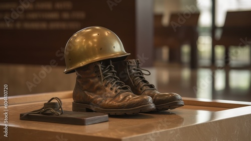 person army boots with a helmet on a chair