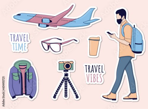 Colorful Hand drawn travel theme stickers collection