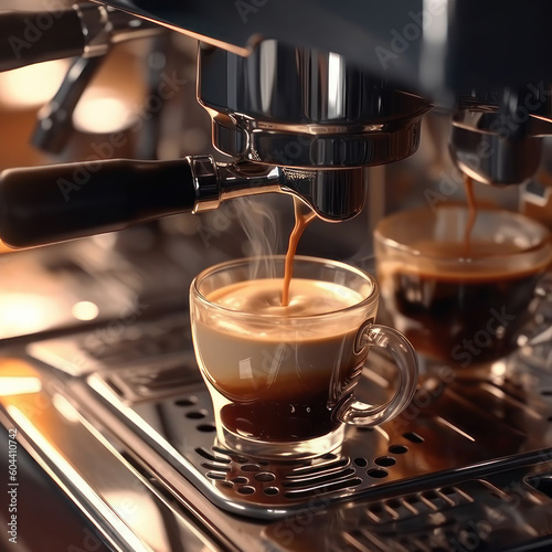 Closeup of espresso pouring from a coffee machine. AI generative.