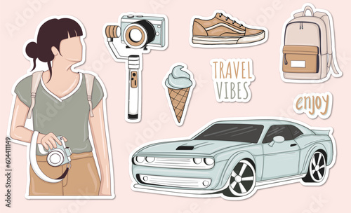 Colorful Hand drawn travel theme stickers collection