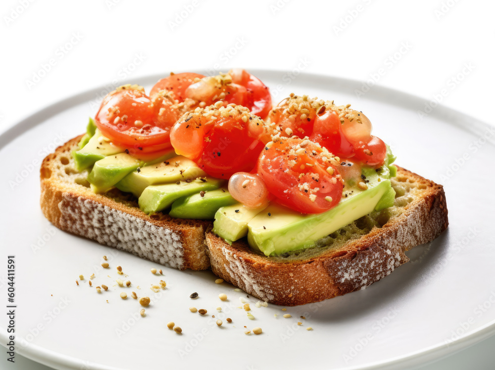 Avocado toast with tomatoes and cheese isolated on a white background