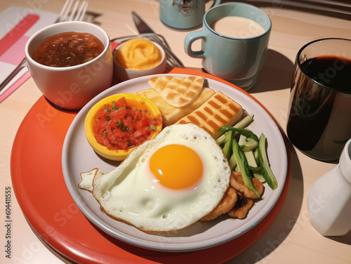 Appetizing breakfast with fried eggs, vegetables, toast and juice