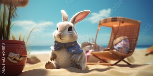 Bunny or rabbit relaxing on a tropical beach, easter holiday, vacation by the sea, generative ai