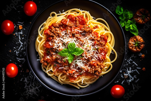 Delicious spaghetti Bolognese, an Italian specialty served on a plate. Created with generative AI technology