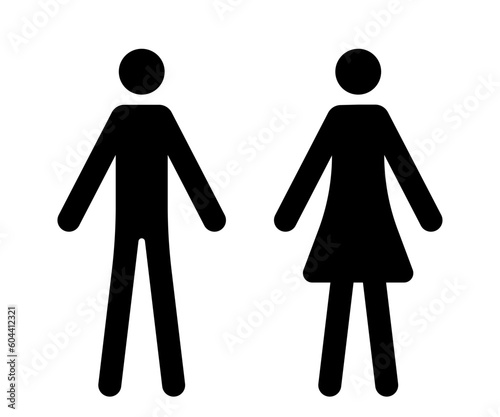 Man and woman peoples symbols. WC toilet icons. Woman sign, man silhouette icon. Thin and tall peaolpe vector graphic, couple. Restroom gender signs.