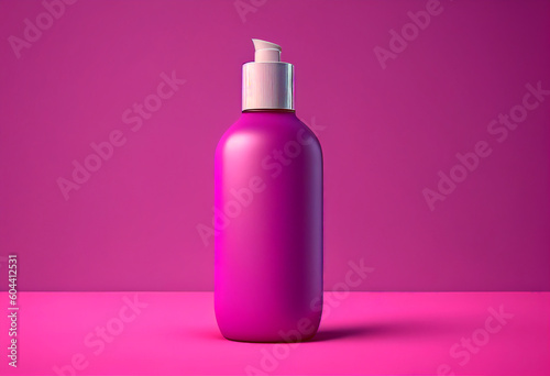 Cosmetic bottle with a pump on pink background AI-Generated © aitstry