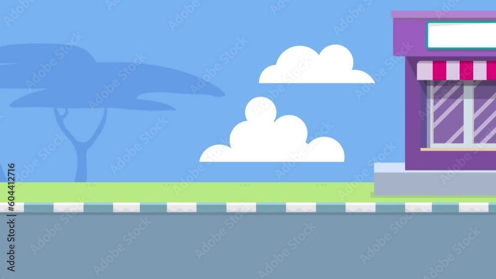 2D Animation explainer video premade in 4K with buildings, sky, clouds