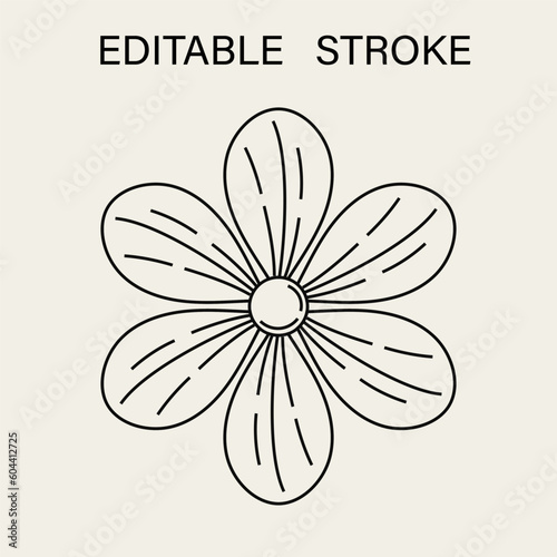 Flower with 6 petals with editable stroke. View from above. Good for groovy, hippie, naive style, kids design.