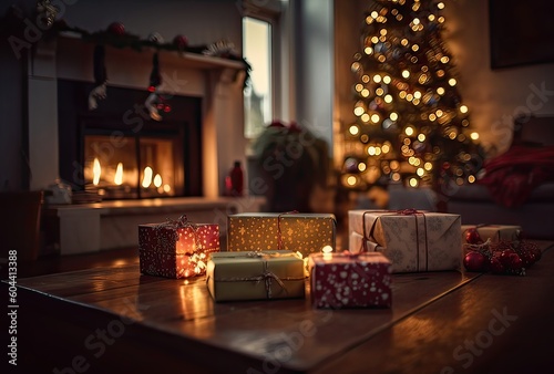 Christmas decorations, a gift, and candles in front of a fireplace. A fire is burning in the fireplace. Front room decorated for Christmas with fireplace Generative Ai.