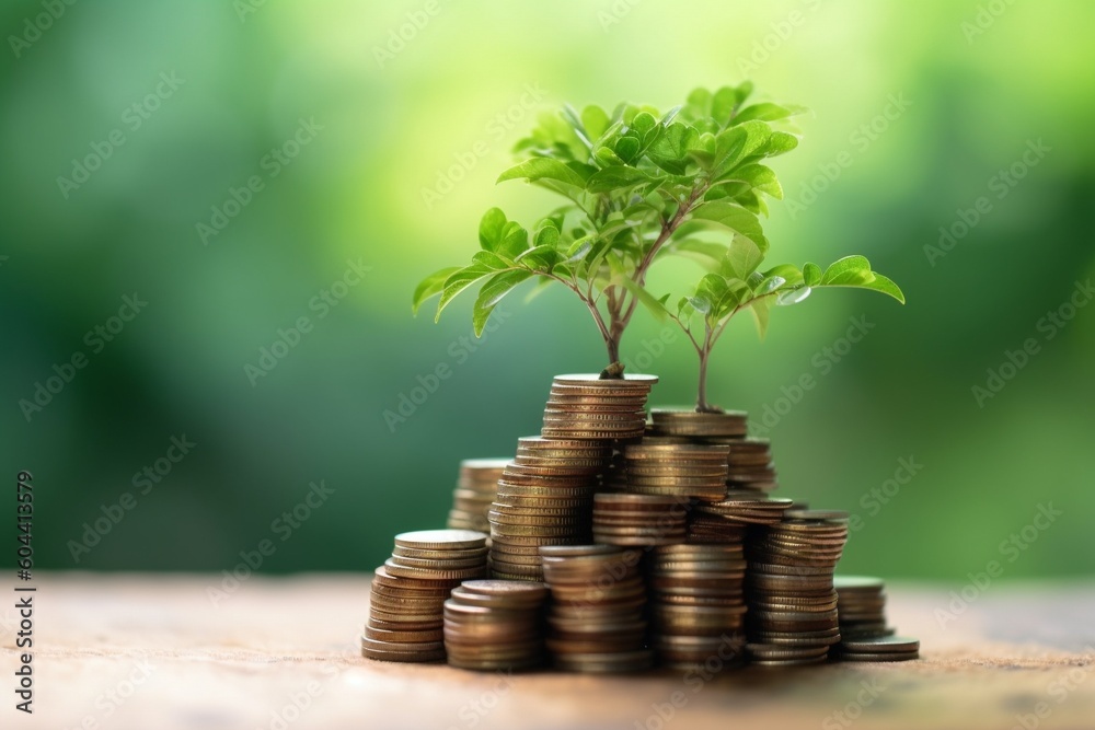 ESG concept of environmental, social, and governance.ESG small tree on stack coins idea for esg investment sustainable organizational development. account the environment. High quality Generative AI - obrazy, fototapety, plakaty 
