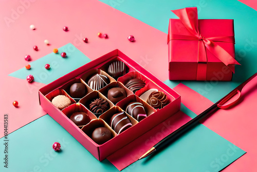 Chocolate candies in a red craft box on a bright coral background. Flat layout with copy . Holiday Concept © Beste stock
