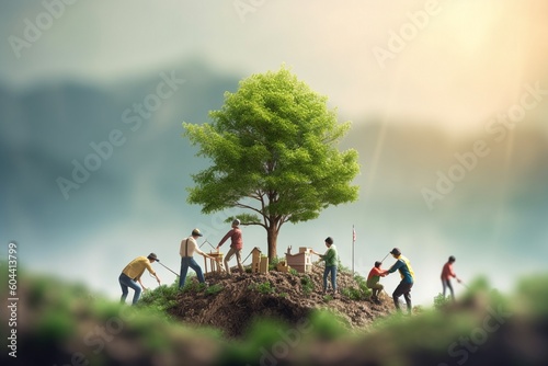 Environmental cooperation. Unity of businesspeople and community together plant trees for sustainable development goals. Future environmental conservation and sustainable ESG Generative AI