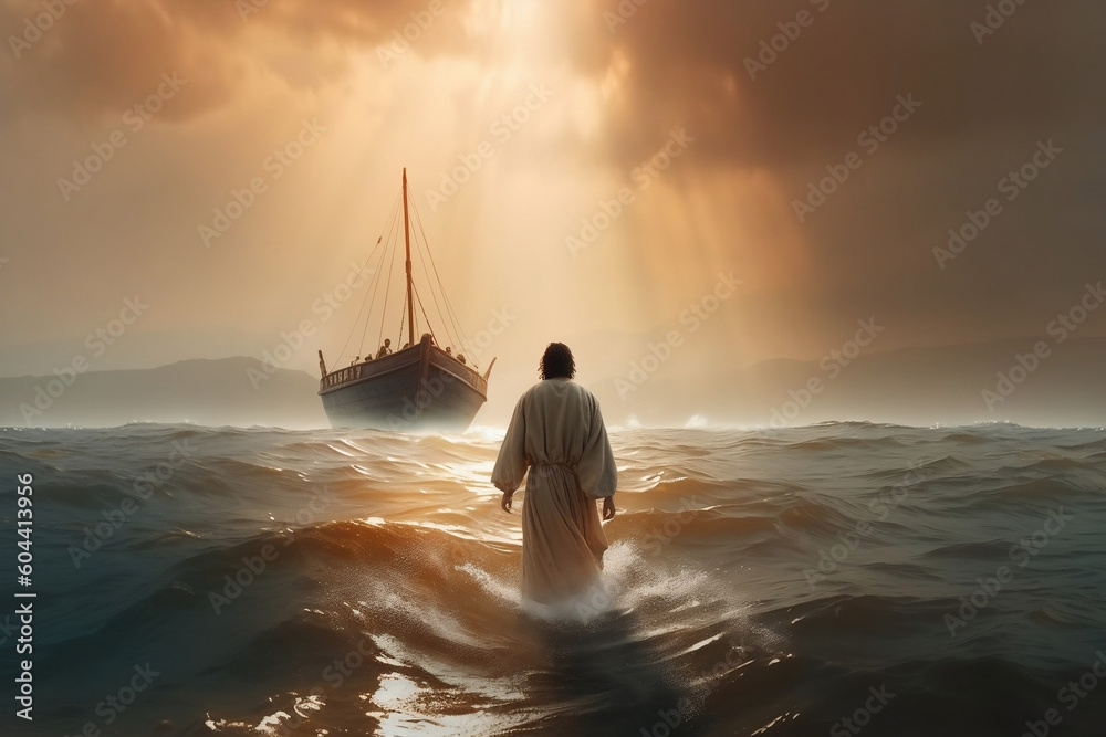 Poster Scène miraculeuse de Jésus marchant sur l'eau pendant une