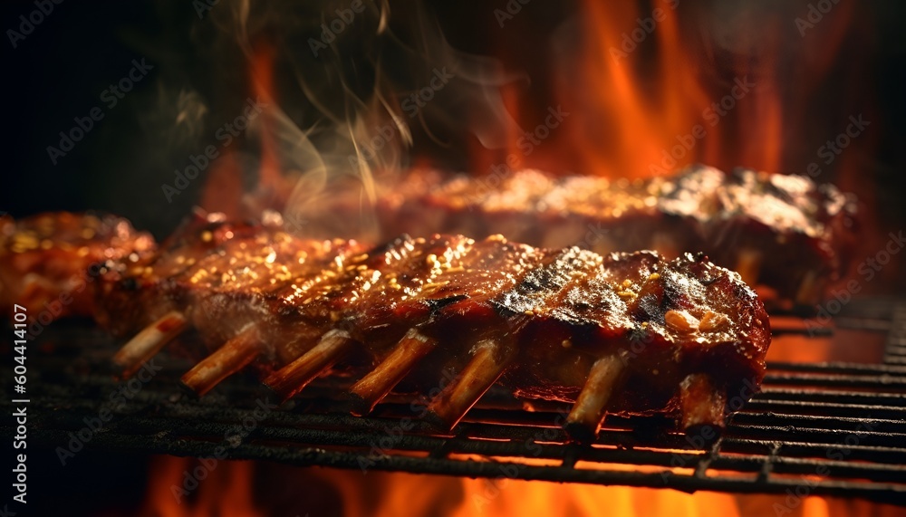 Barbecue cooking on a flaming grill Barbecue cooking on a flaming grill